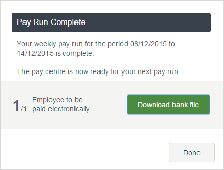 pay run complete message with download bank file button