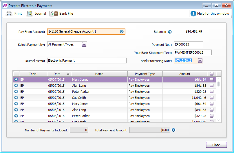 Prepare electronic payments window with multiple payments listed