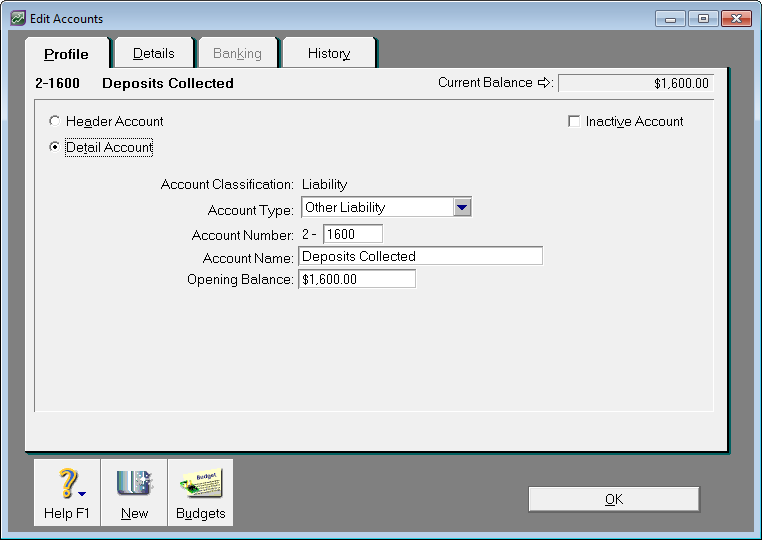 Example liability account for deposits collected
