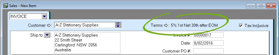 Invoice with credit terms highlighted