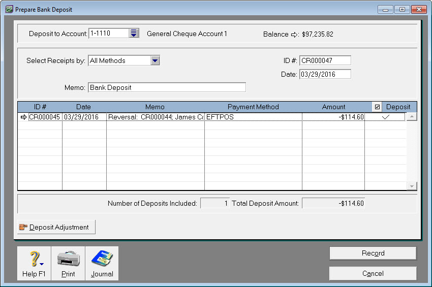 Prepare bank deposit window with negative payment