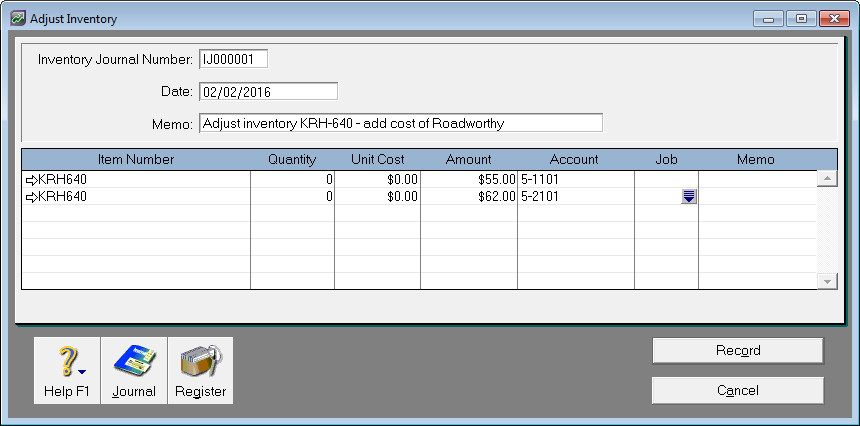 adjust inventory transaction with amounts but no quantities