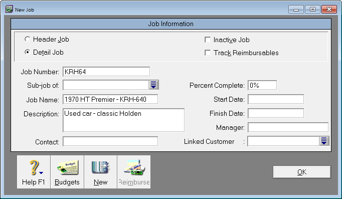 New job window with example details entered