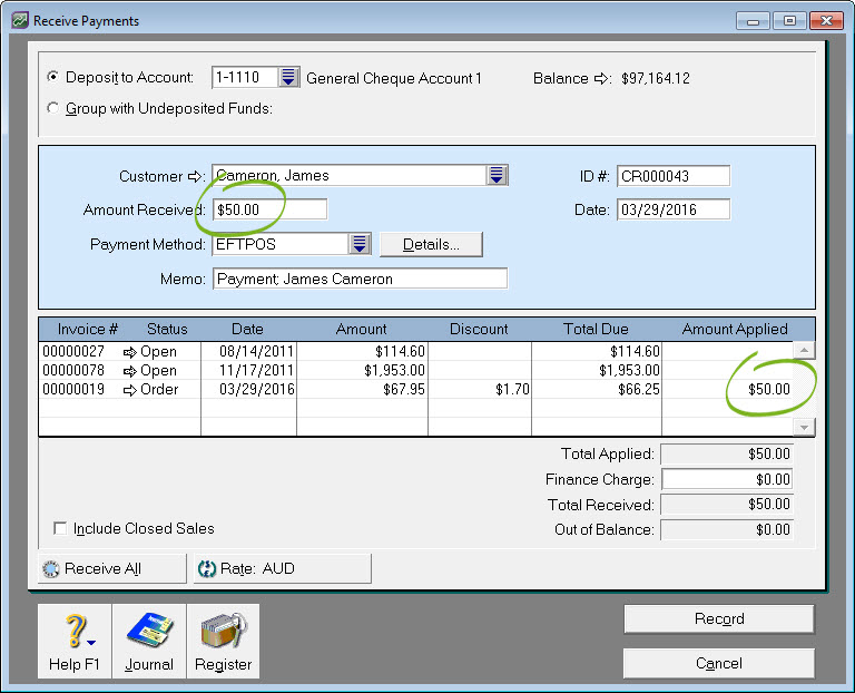 Receive payments window with amount applied against invoice