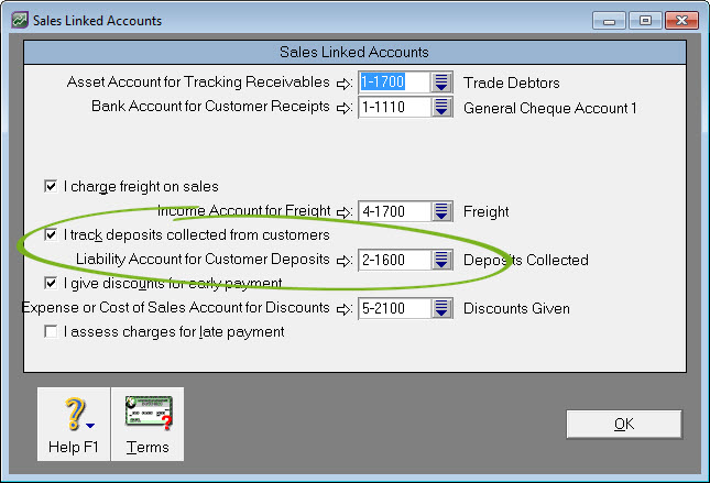 Sales Linked Accounts window with deposits collected account highlighted