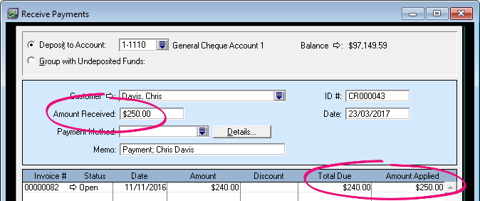 Receive payments window with amount received exceeding total due
