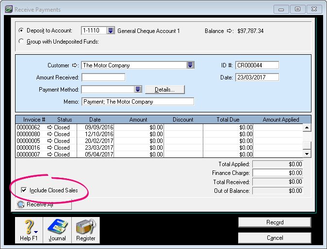 Receive payments window with include closed sales option selected