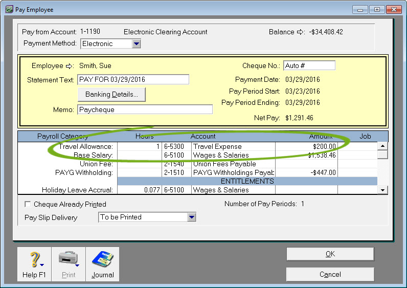 Pay employee window with travel allowance category highlighted