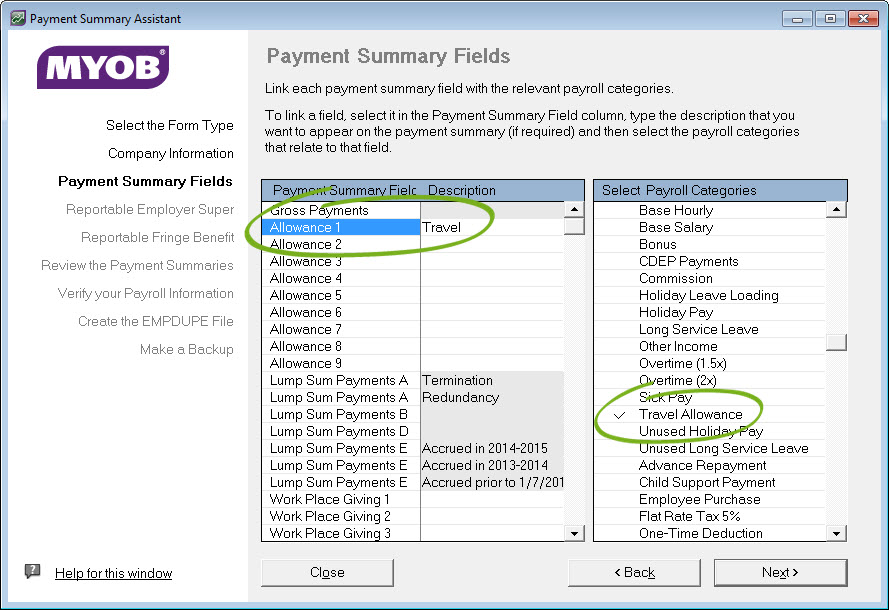 Payment summary setup with travel allowance category linked to allowance 1 field
