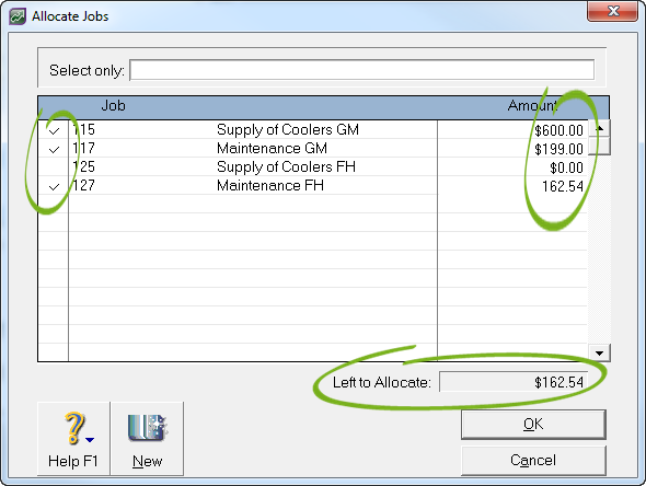 allocate jobs window with jobs selected and amount left to allocate