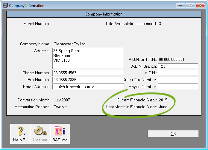 company information window with current and last financial year info highlighted