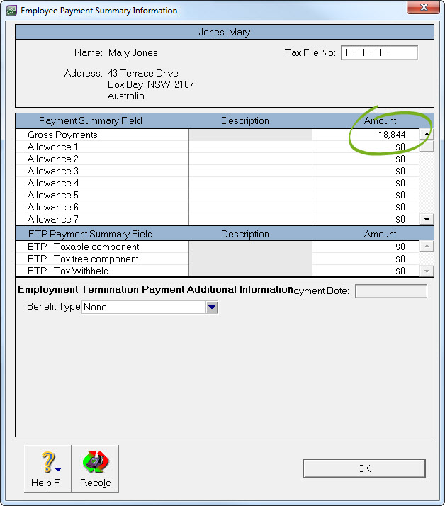Employee payment summary information window with gross payment amount highlighted