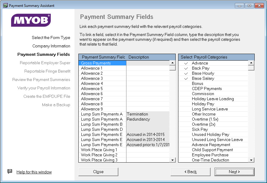 Payment summary fields window