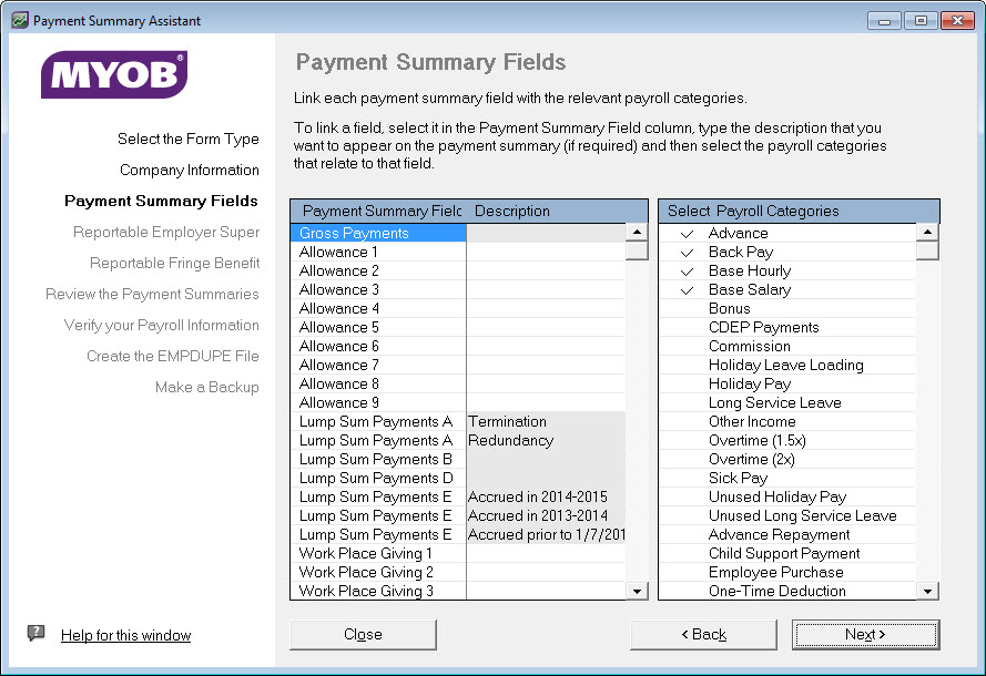 Payment summary fields window Payment summary fields window