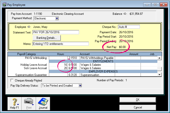 Pay employee window with zero net value and accrual hours entered