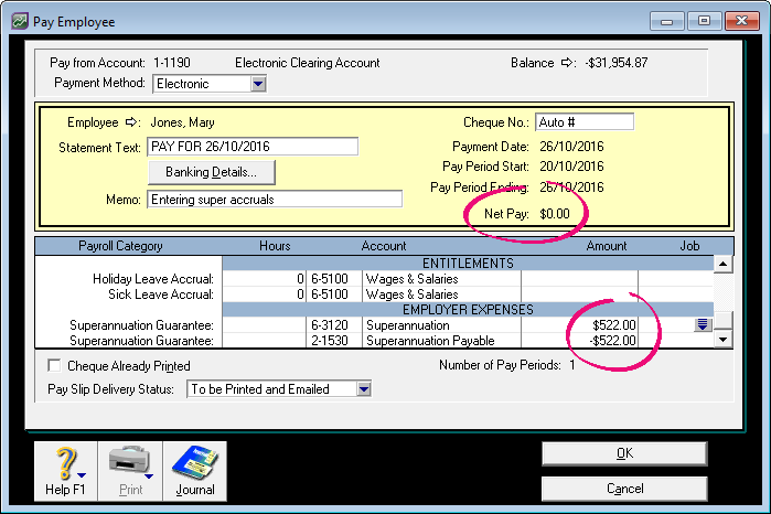 Pay employee window with zero net value and superannuation amounts entered