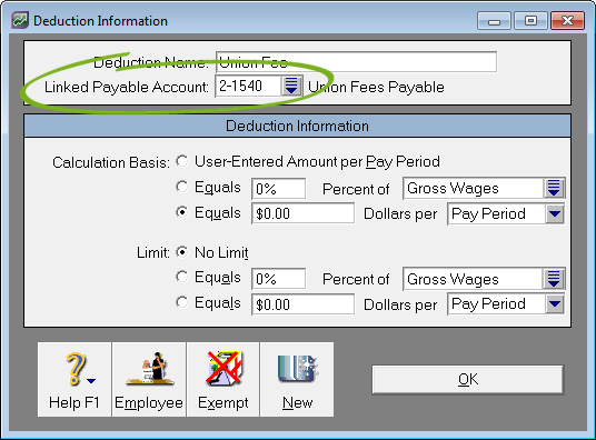 Deduction information window with linked payable account highlighted
