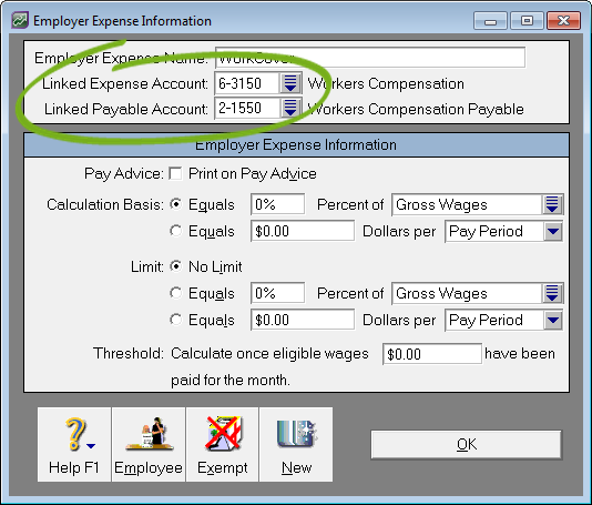 Employer expense information window with linked accounts highlighted