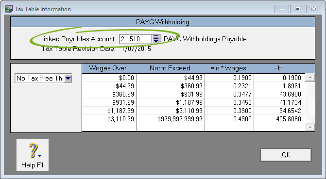 Tax table information window with linked payable account highlighted