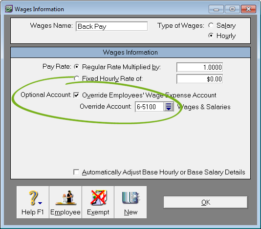 Wages information window with override account highlighted