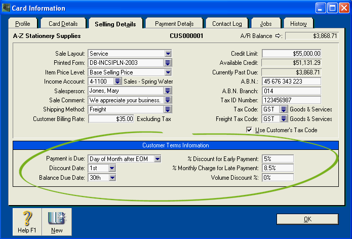 Card Information window with terms highlighted