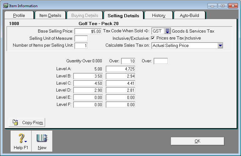 Example item setup with price levels and one quantity break
