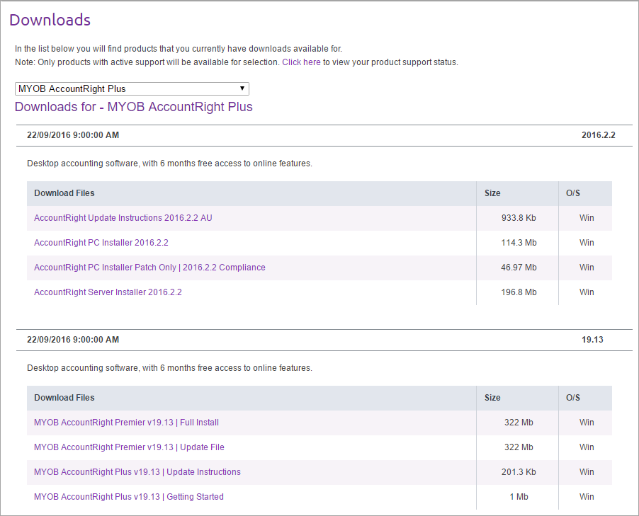Downloads page in my.MYOB listing AccountRight installers