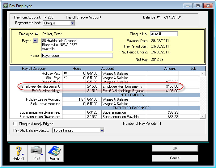 Pay employee window with reimbursement wage category listed