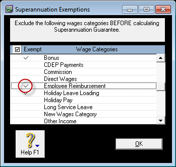 Superannuation exemptions window with employee reimbursement wage category selected