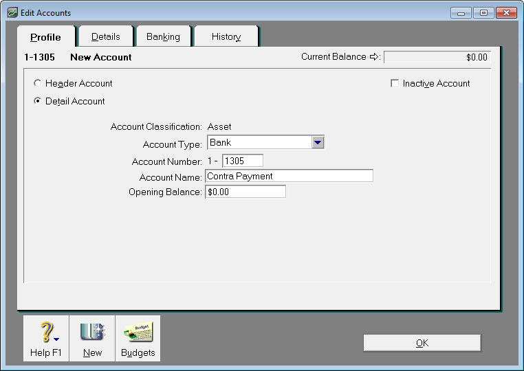 Example contra payment bank account setup