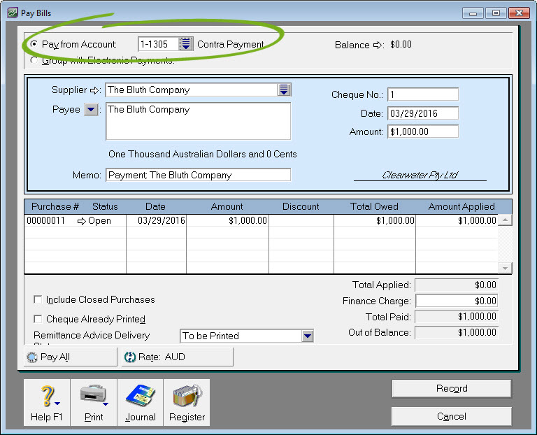 Pay Bills window with details recorded and contra payment account selected