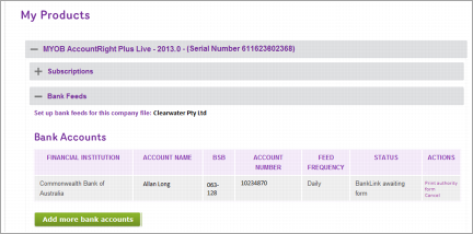 My products page in my.myob showing bank feed status My products page in my.myob showing bank feed status