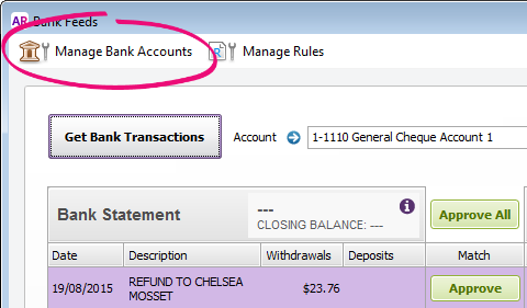 Bank feeds window with manage bank accounts button highlighted Bank feeds window with manage bank accounts button highlighted