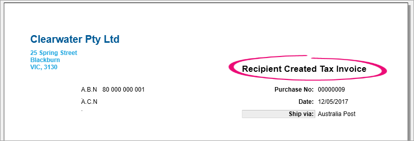 Sample bill with recipient created tax invoice shown Sample bill with recipient created tax invoice shown