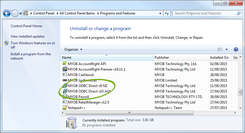 Programs and features window with ODBC driver highlighted