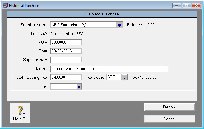 Historical purchase window with sample transaction details