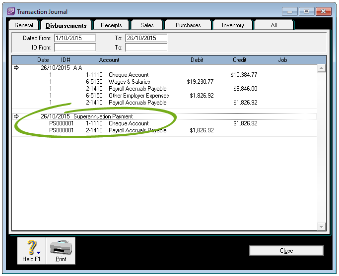 Transaction journal window with superannuation payment highlighted
