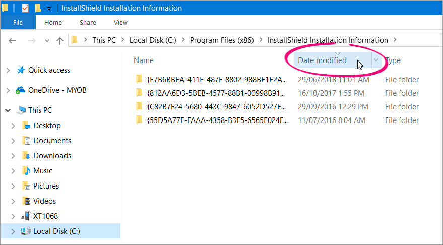 InstallShield Installation Information folder with date modified column highlighted