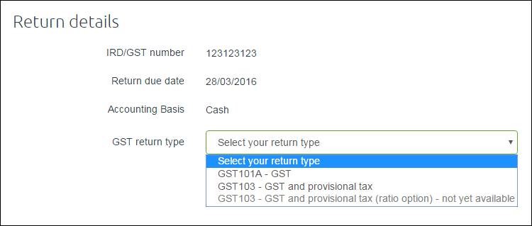 Example return details with GST return type options shown