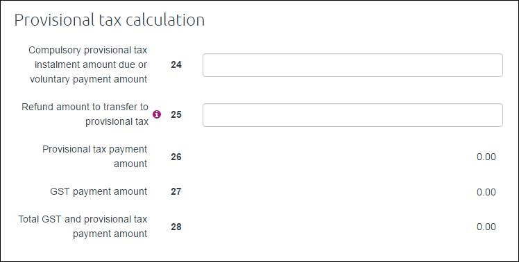Provisional tax calculation details showing fields 24 and 25