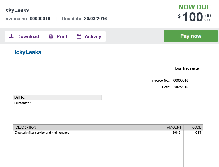 Sample invoice with pay now button
