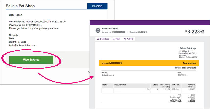 View invoice button highlighted on invoice and sample