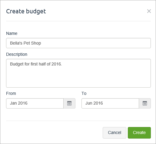 Create budget window with name, description and date range entered