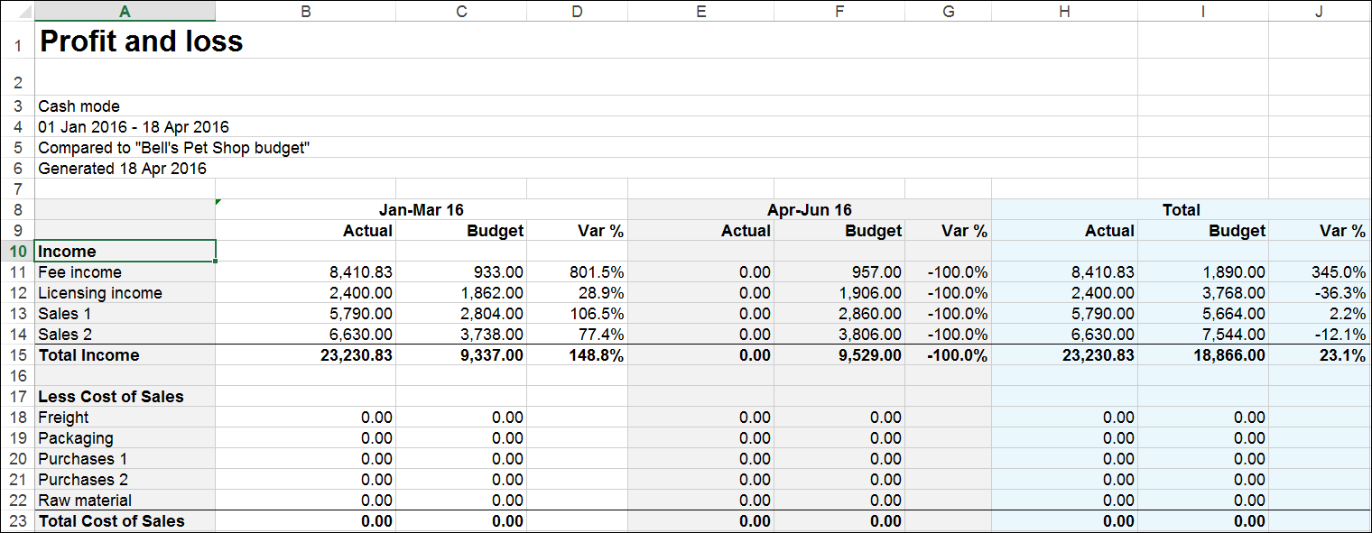 Example profit and loss report in Microsoft Excel