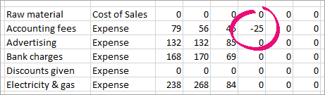 Sample CSV file in Excel with a negative number highlighted