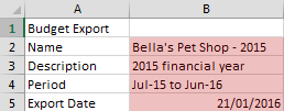 Sample CSV file in Excel with budget header items highlighted Sample CSV file in Excel with budget header items highlighted