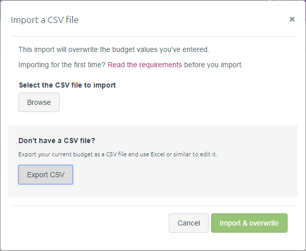 Import a CSV file window with Browse button