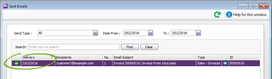 Sent email window with emailed invoice highlighted