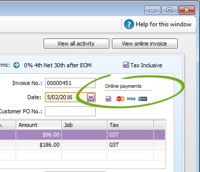 Invoice with online payments option highlighted
