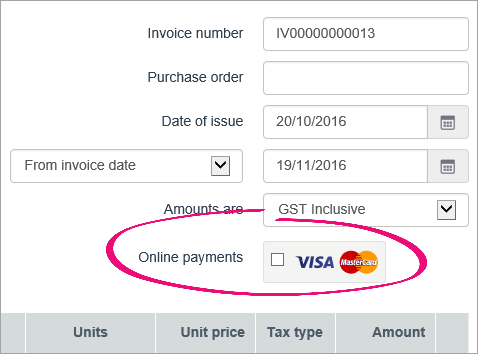 Online payments option on a new invoice